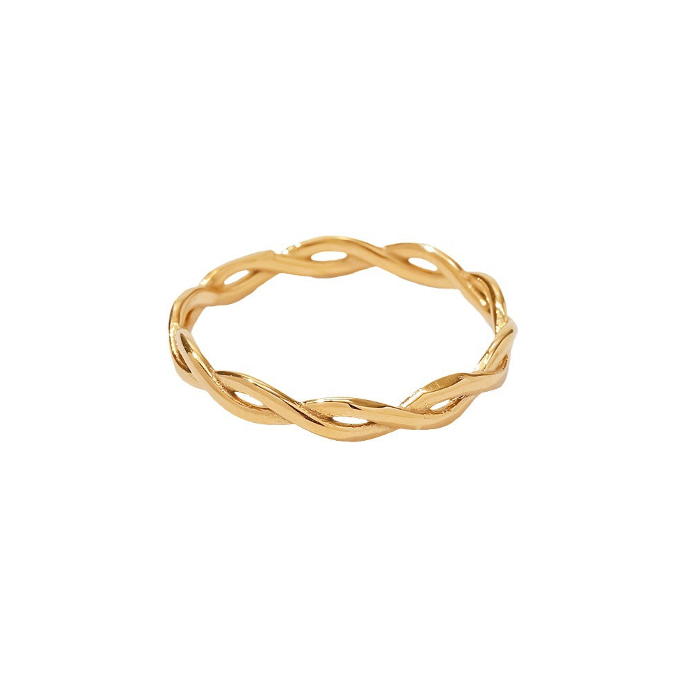 French Vintage 18K Gold Plated Stainless Steel Twisted Linear Geometric Hollow Stacking Ring for Women