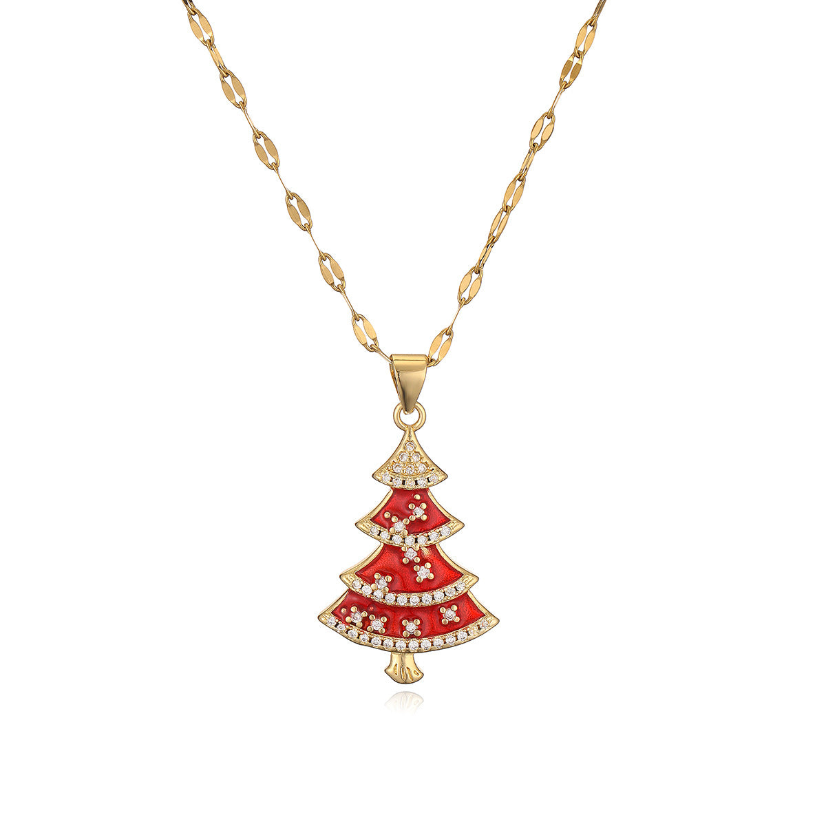 Minimalist Christmas Tree Pendant Necklace for Women with Copper Base Plated in 18K Gold and Enamel Finish