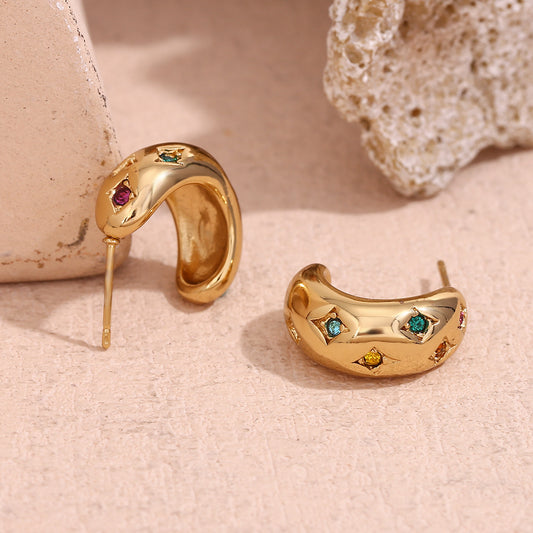 Pendientes de luna y estrella de acero inoxidable chapado en oro de 18 quilates con diseño geométrico, estilo vintage y circonitas de colores