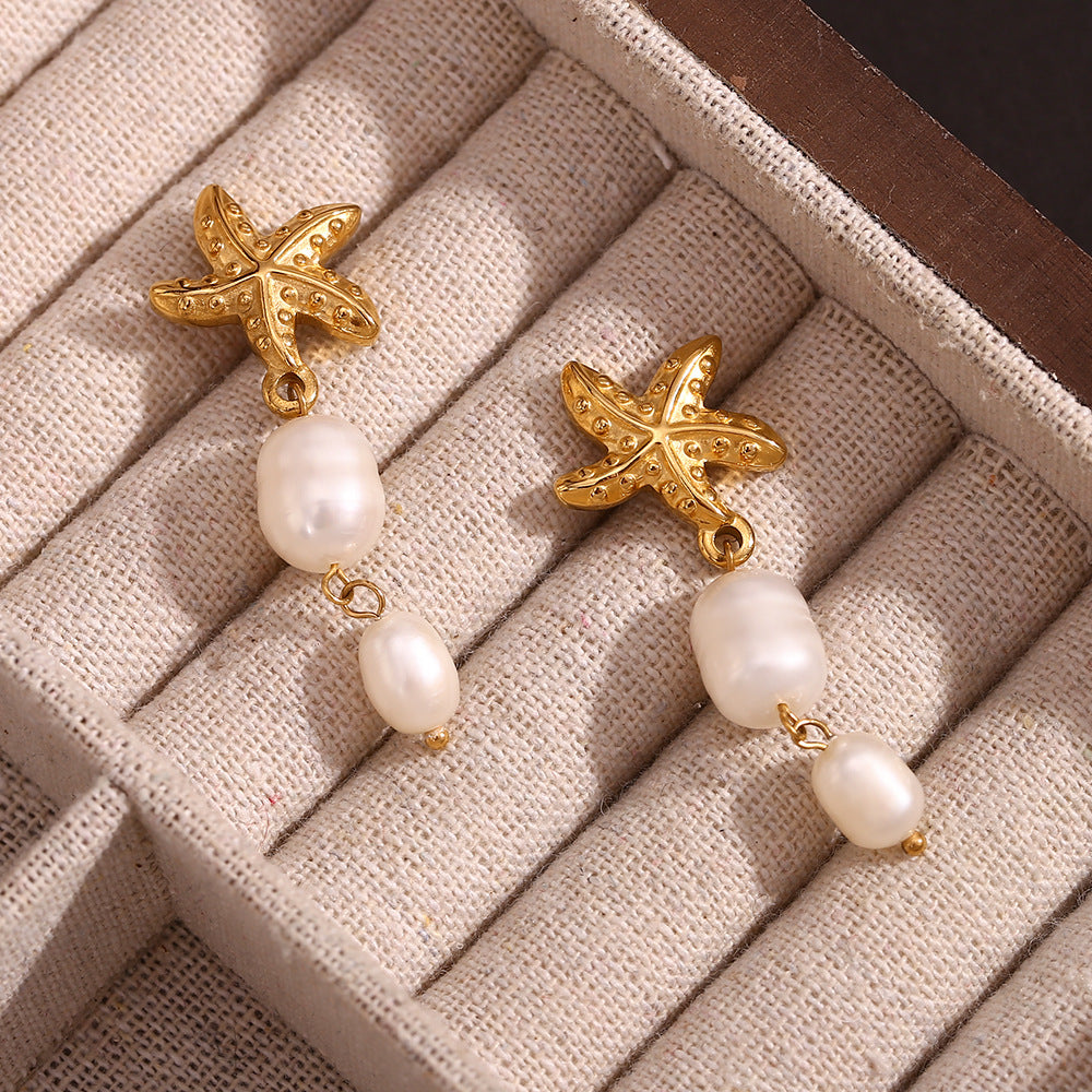 Orecchini pendenti da donna con perle e stelle marine, ispirati al vintage, in acciaio inossidabile con placcatura in oro 18 carati