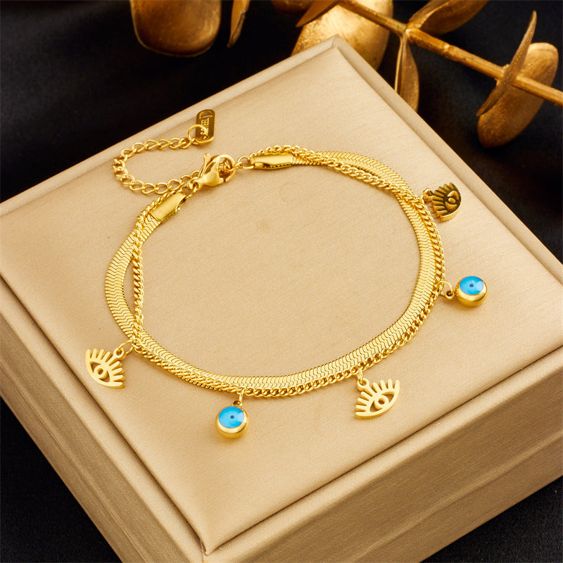 Vintage Elegant Round Star Stainless Steel Plated Rhinestone Bracelet with Lightning and Blue Eye Charms