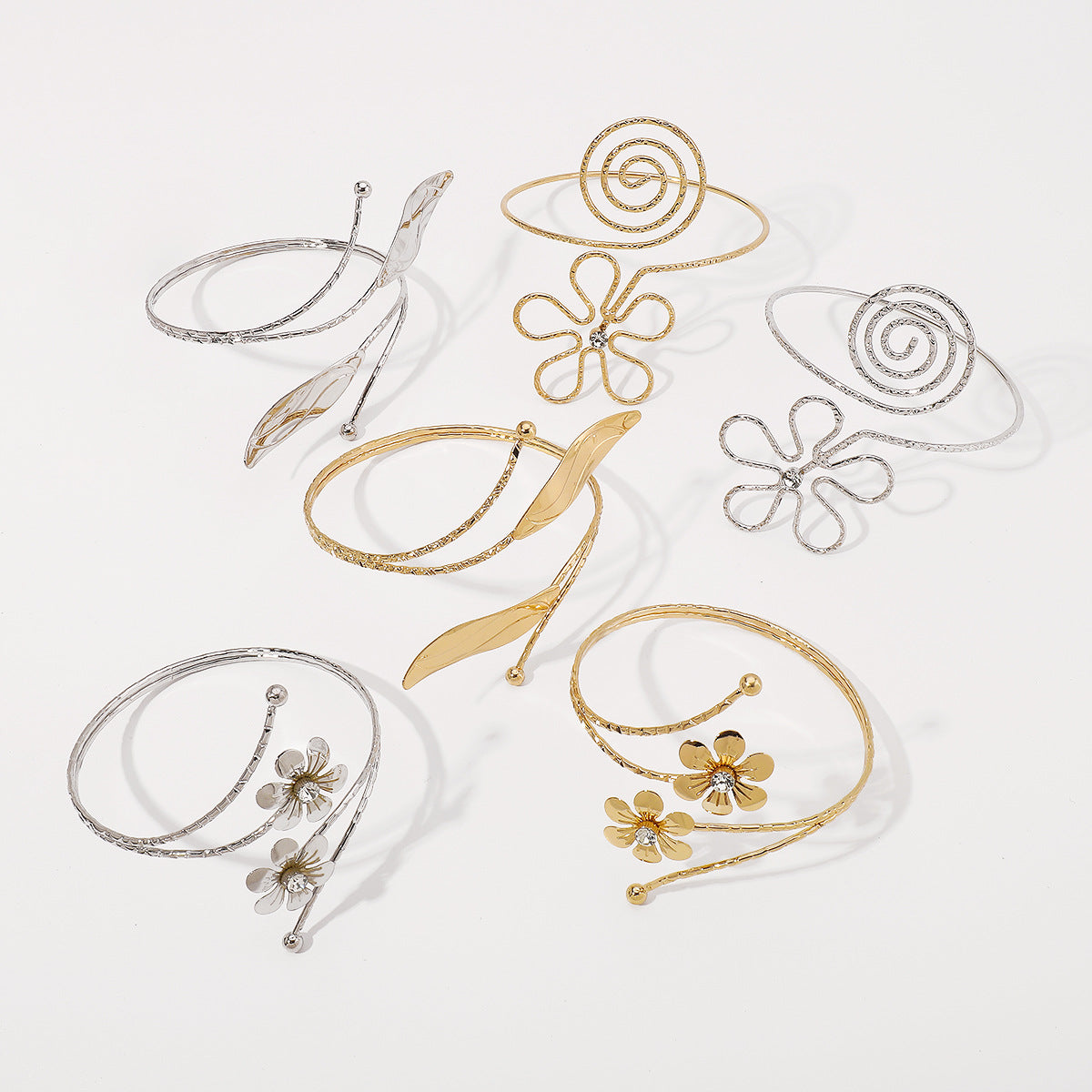 Punk Style Adjustable Flower and Leaf Shaped Arm Cuff Bracelet for Women Made of Iron with Rhinestone Inlay and Plated Finish