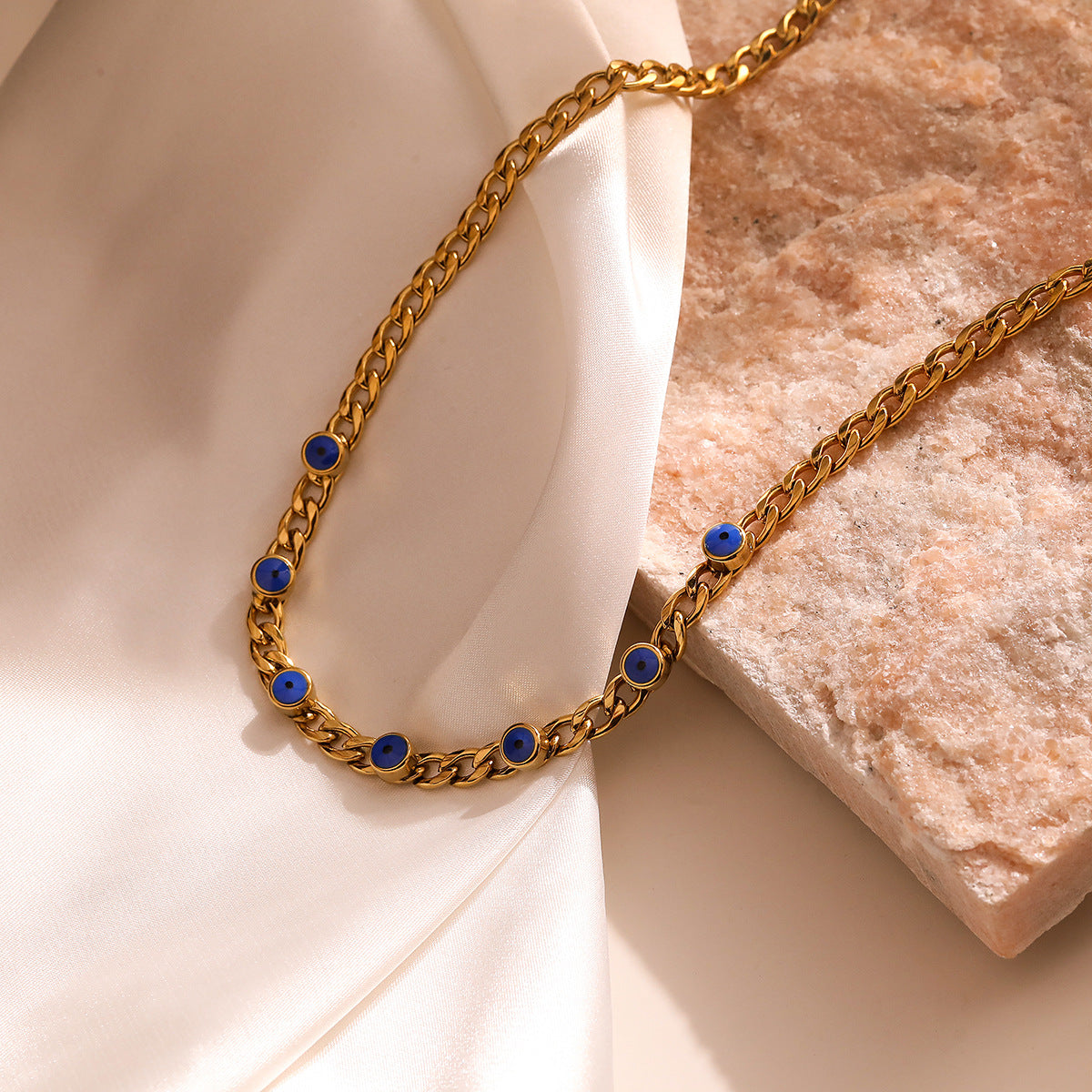 Minimalist Geometric Titanium Steel Necklace for Women with 18K Gold Plating and Enamel Eye Pendant