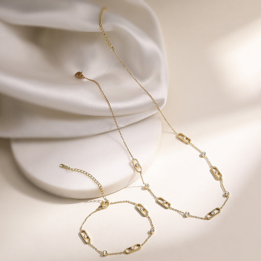 Minimalist 18K Gold Plated Geometric Stainless Steel Necklace with Cubic Zirconia for Women