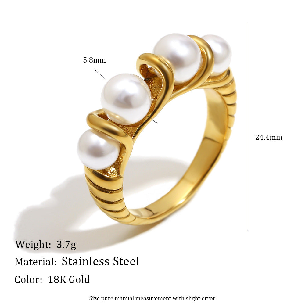 Minimalist Geometric Stainless Steel Plated 18K Gold Ring with Pearl Accent for Women