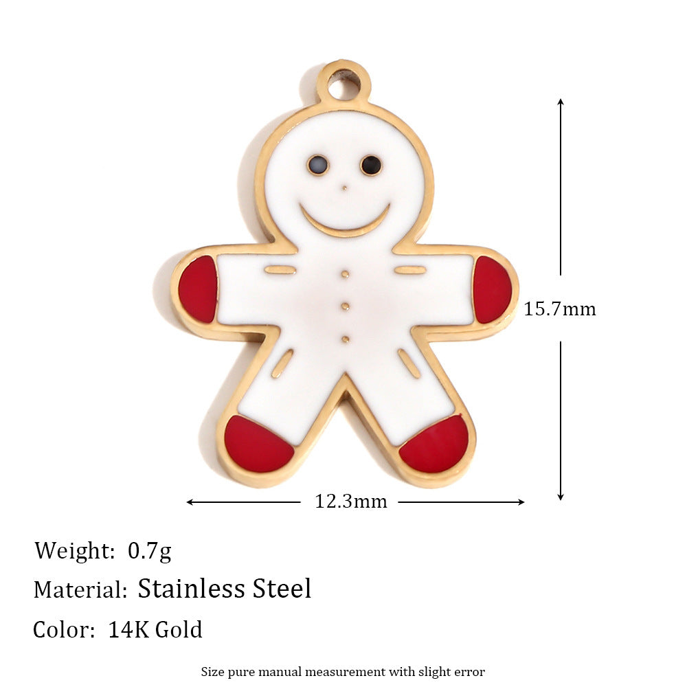 Cute Christmas Santa and Reindeer Pendant in Stainless Steel with 14K Gold Plating and Enamel Finish