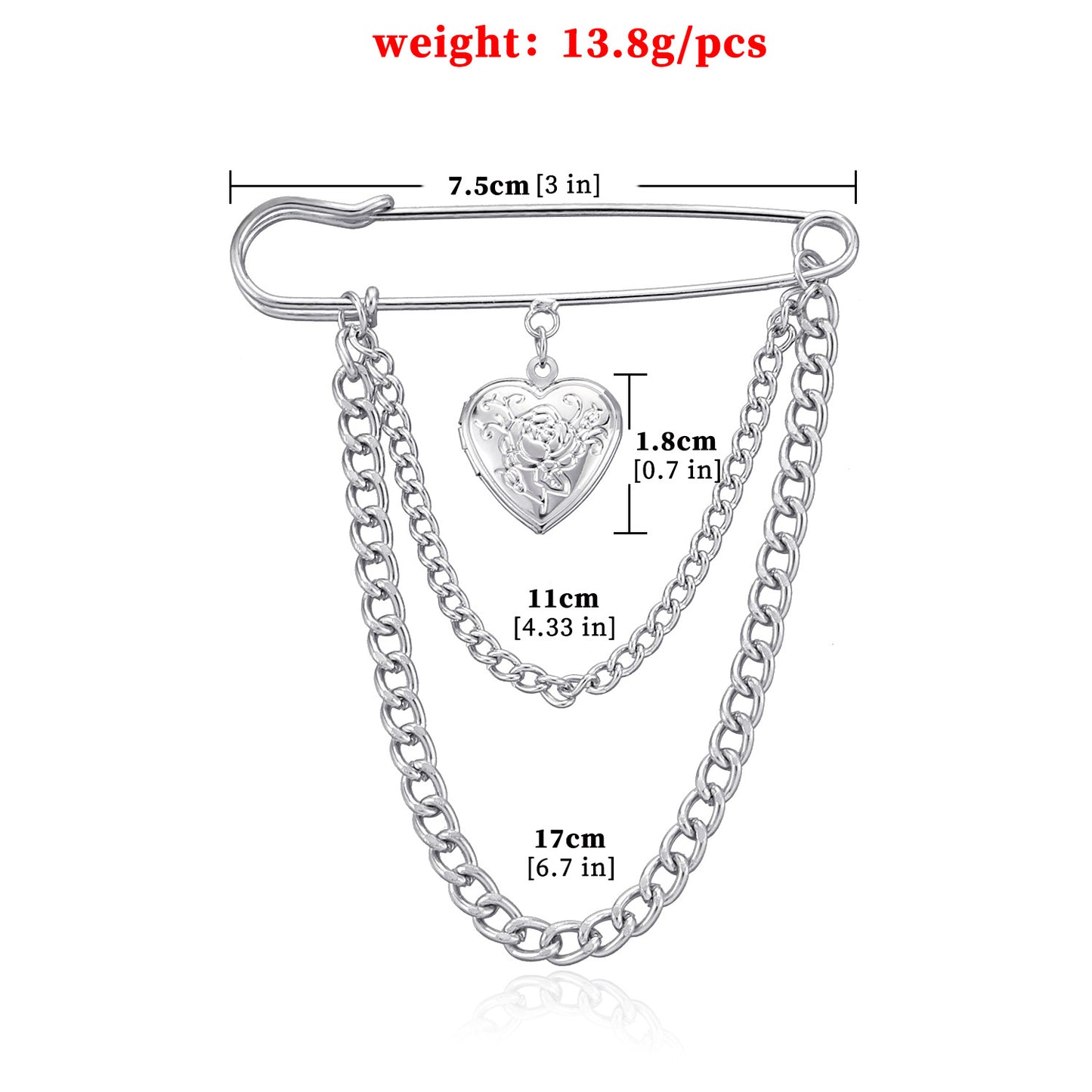 Creative Open-Top Embossed Heart Brooch Vintage Luxury Chain Pin Jewelry for Women