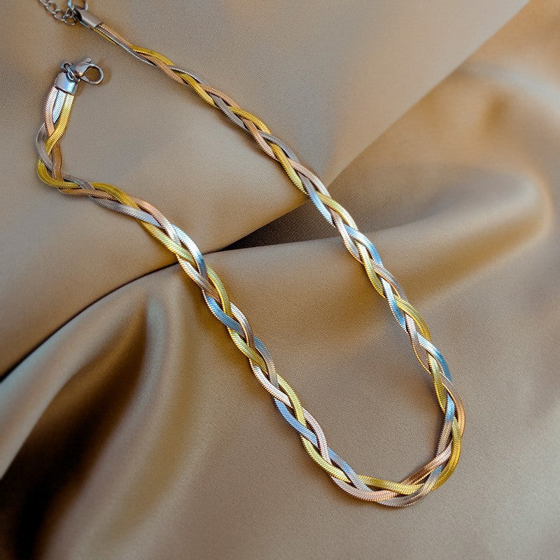 Collar de cadena de serpiente de doble capa de acero titanio chapado geométrico casual de lujo de acero inoxidable para unisex