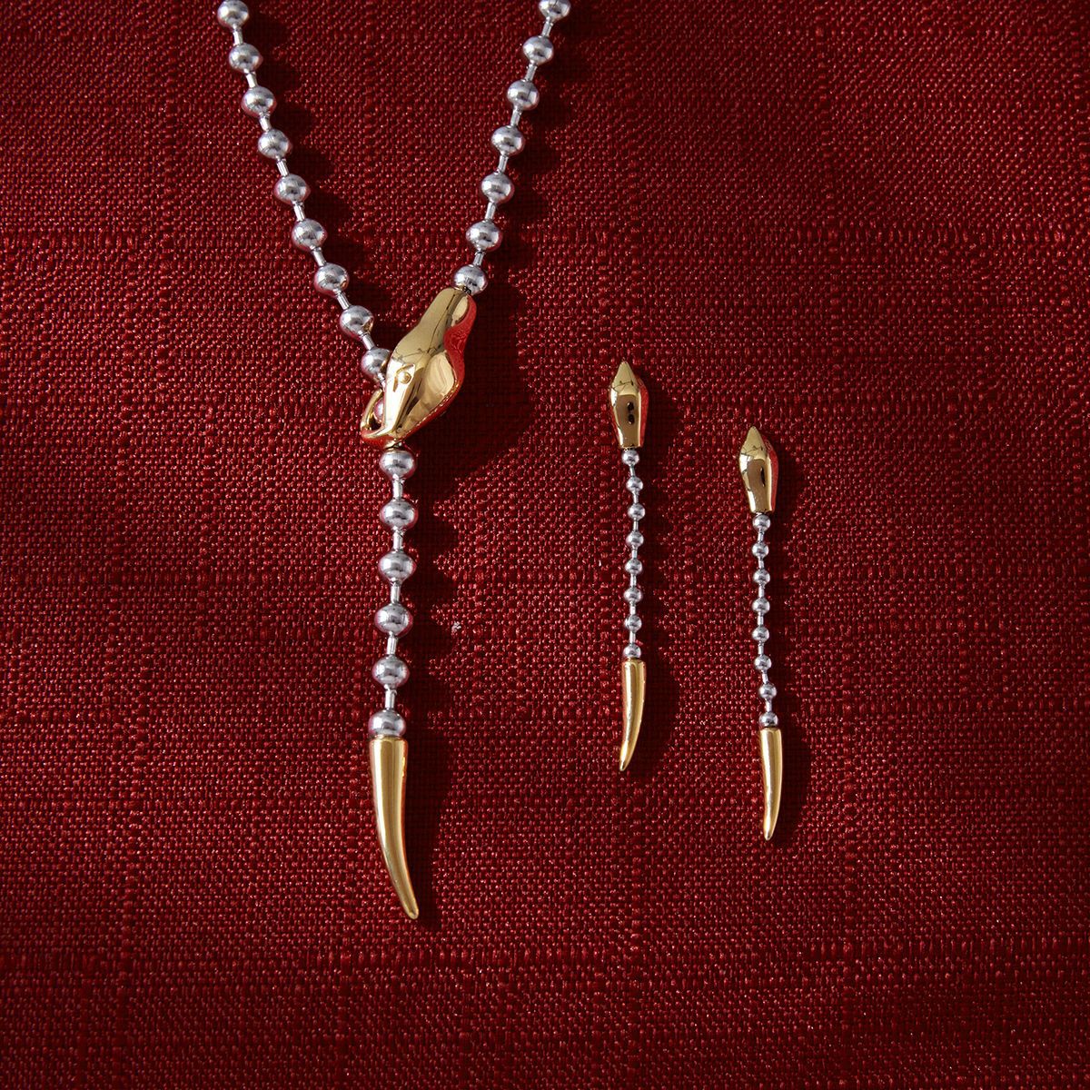 Minimalist Two-Tone Snake Shape Titanium Steel Y-Chain Necklace and Earring Set for Women