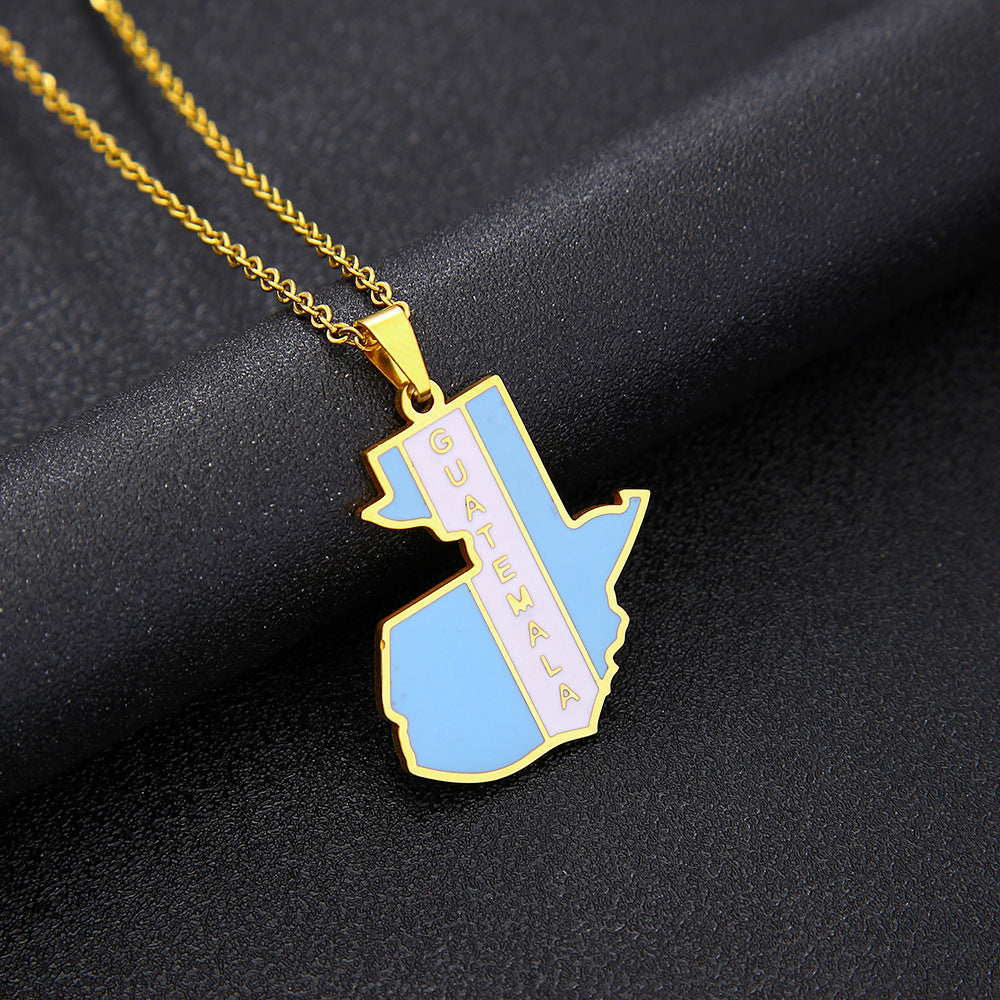 Collana con Pendente Vintage a Mappa del Guatemala in Smalto, Acciaio Inossidabile e Titanio con Catena a O Unisex