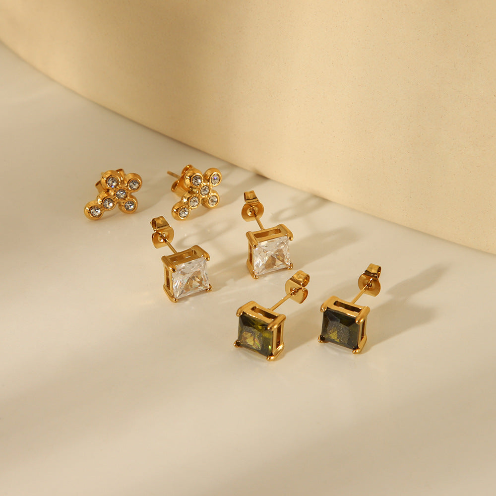 Minimalist Titanium Steel Square Zircon Earrings for Women with Vacuum Plating Finish