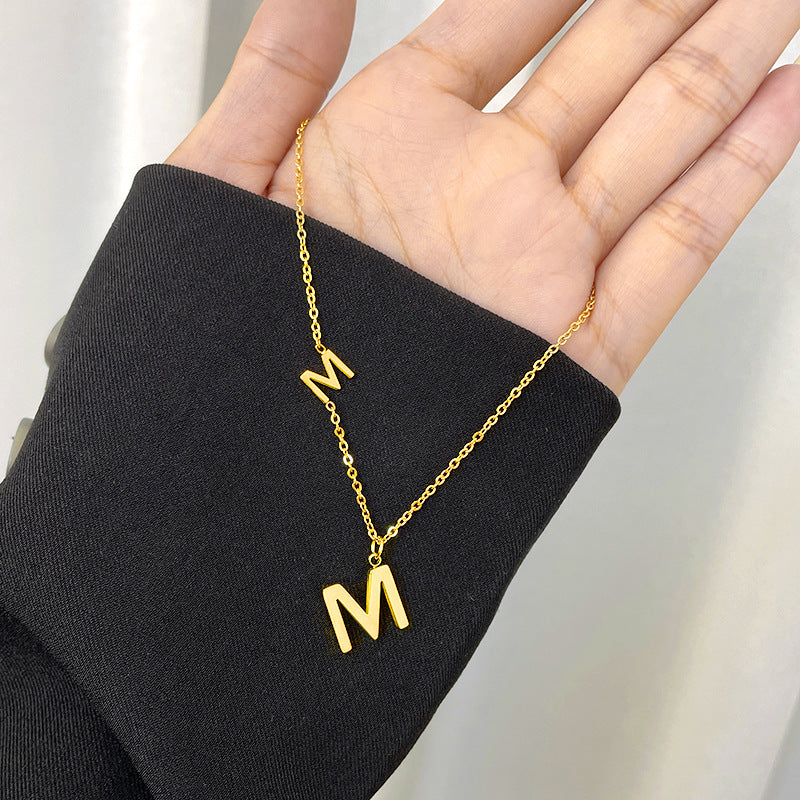 Minimalist Letter M Pendant Necklace in Titanium Steel with O-Chain for Women