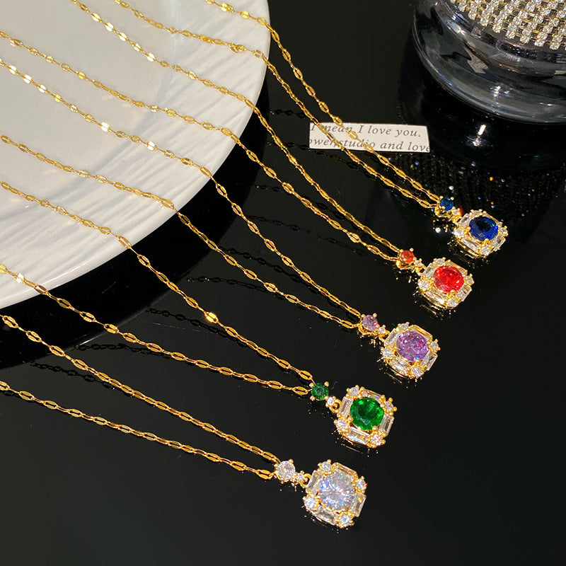 Luxury Minimalist Geometric Round Gemstone Inlay Titanium Steel Necklace with Brass Pendant
