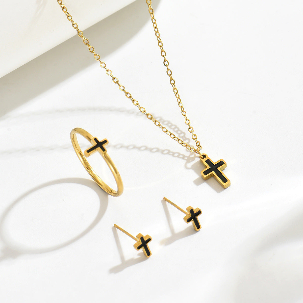 Fashion Geometric Cross Pendant Necklace Set with Enamel Finish for Women Including Earrings and Bracelet