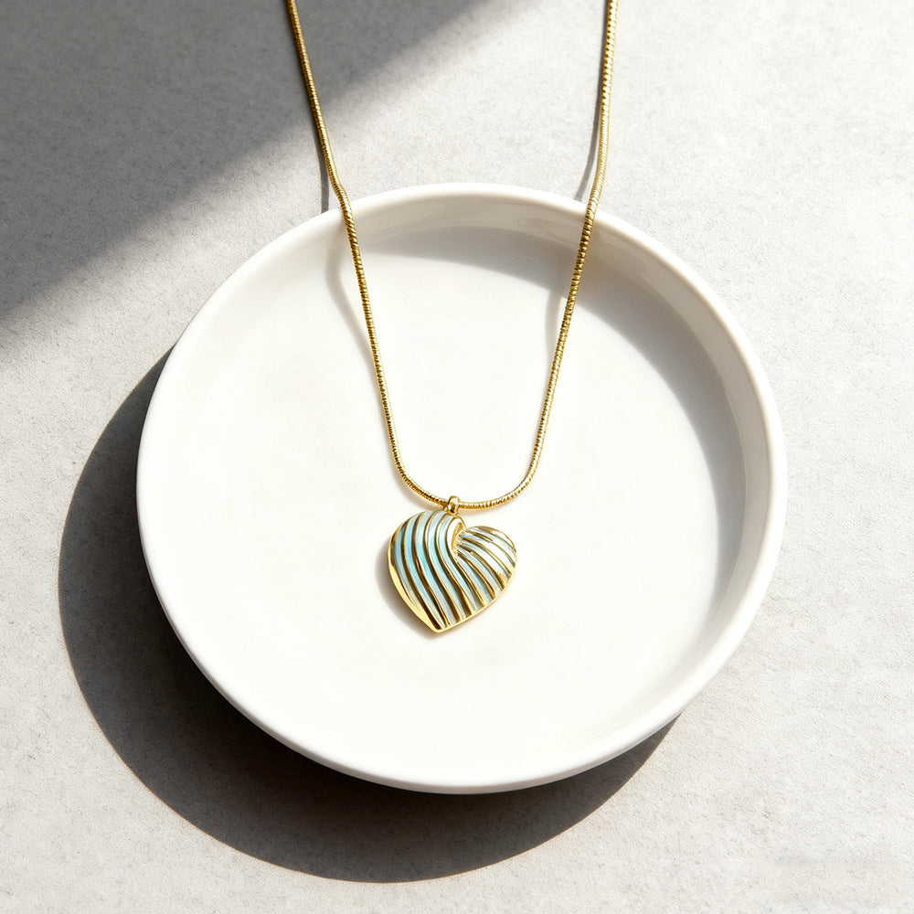 Casual Striped Heart Drip Oil Plated Stainless Steel Necklace for Women