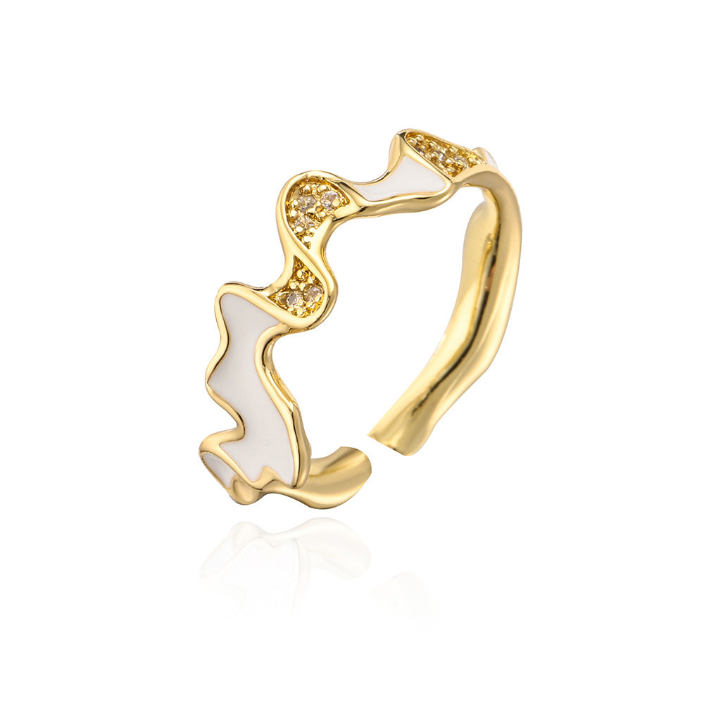 INS Style Irregular Geometric Open Ring for Women Made of Copper with 18K Gold Plating and Enamel-Set Zirconia
