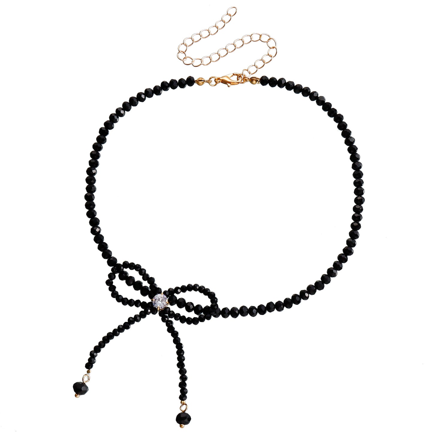 Fashion Minimalist Bow-Shaped Choker Necklace with Black Crystal Beads and Alloy Pendant on Plated Chain