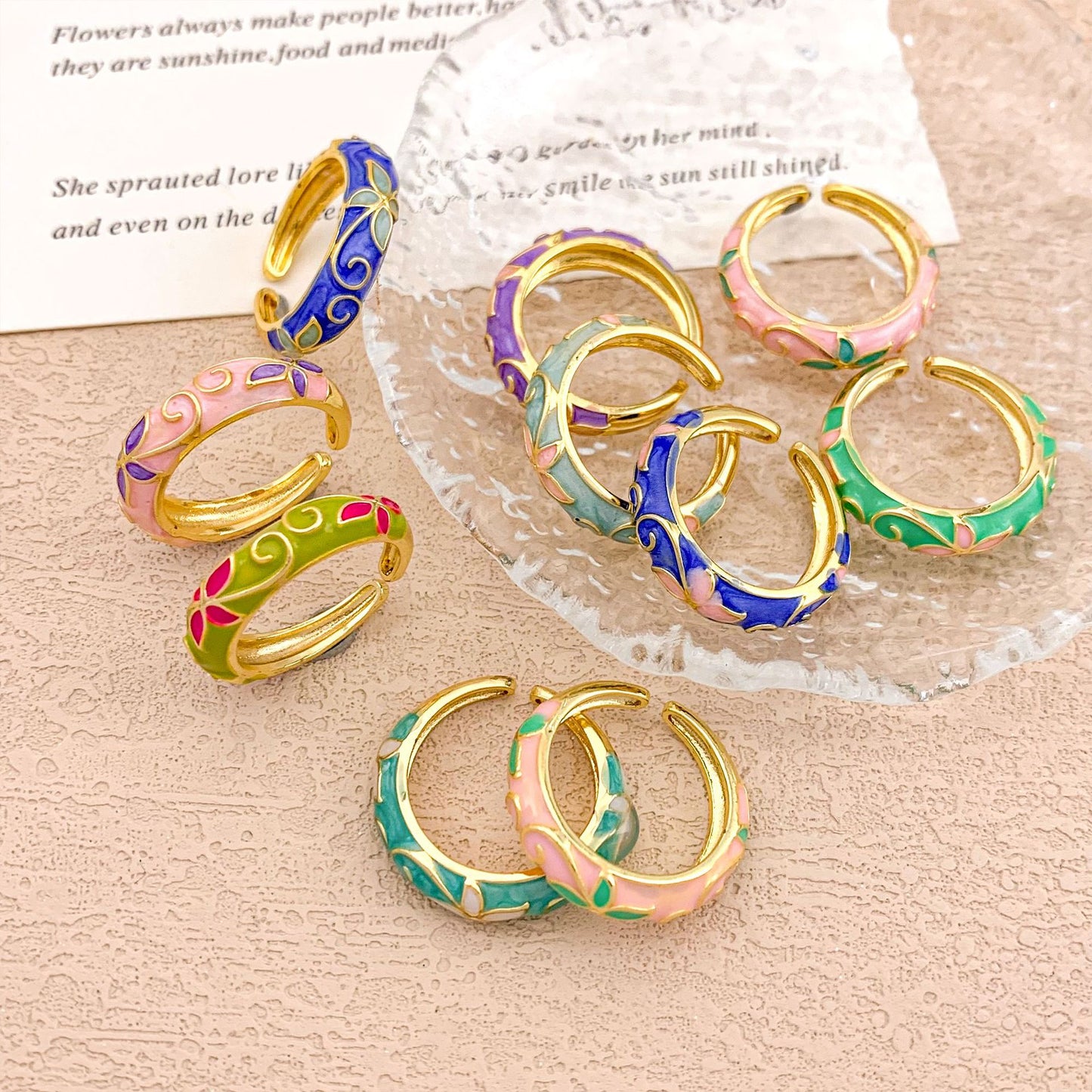 Luxury Elegant Floral Enamel Drip Oil Plated Alloy Round Ring for Women