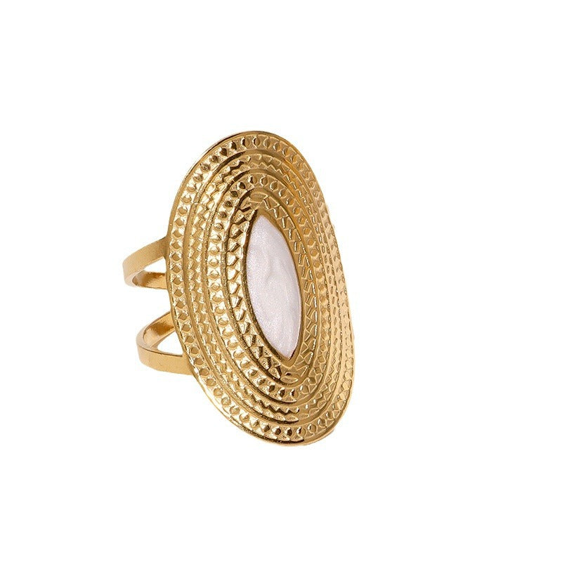 Vintage Oversized Wide Index Finger Ring in Geometric Shape with 18K Gold Plating and Enamel Finish on Stainless Steel