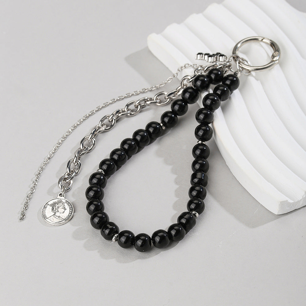 Rhinestone Inlaid Cross Round Zinc Alloy Keychain with Handmade Beading and Tassel