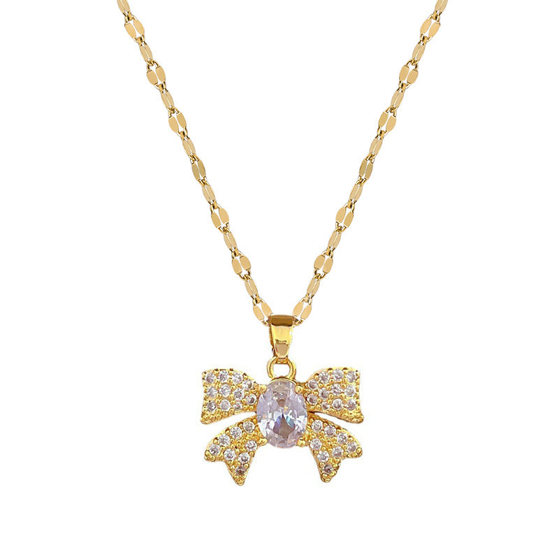Luxury Micro-Paved Butterfly Pendant Necklace in Titanium Steel with Rhinestone Inlay for Women, Adjustable Chain 21-50 cm