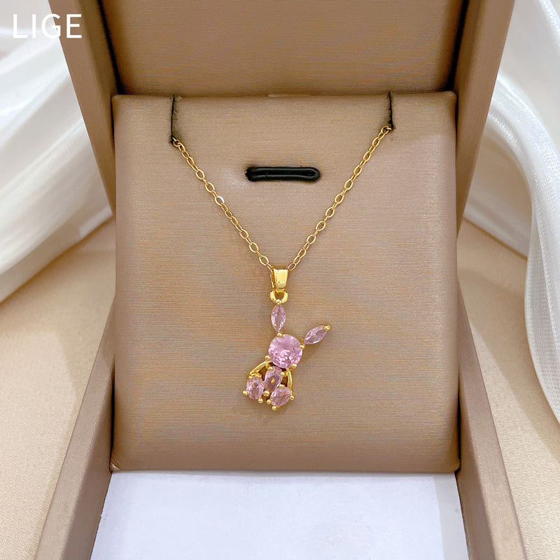 Pink Rabbit Pendant Necklace for Women Stainless Steel Chain with Full Rhinestone Accents Geometric Design Elegant Minimalist Locket Style