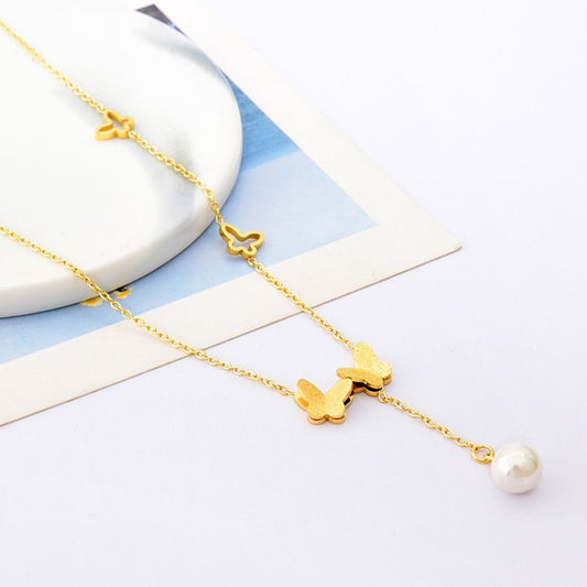 Collana Pendente a Farfalla alla Moda da Donna in Acciaio al Titanio Placcato, con Catena O, Stile Lusso Leggero, per l'Estate, per Clavicola