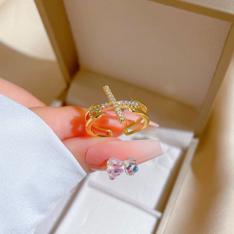 Minimalist Cross-Shaped Brass Ring with Gold Plating for Women, Lightweight Luxury Finger Ring Featuring Clean Aesthetic and Subtle Crown Silhouette