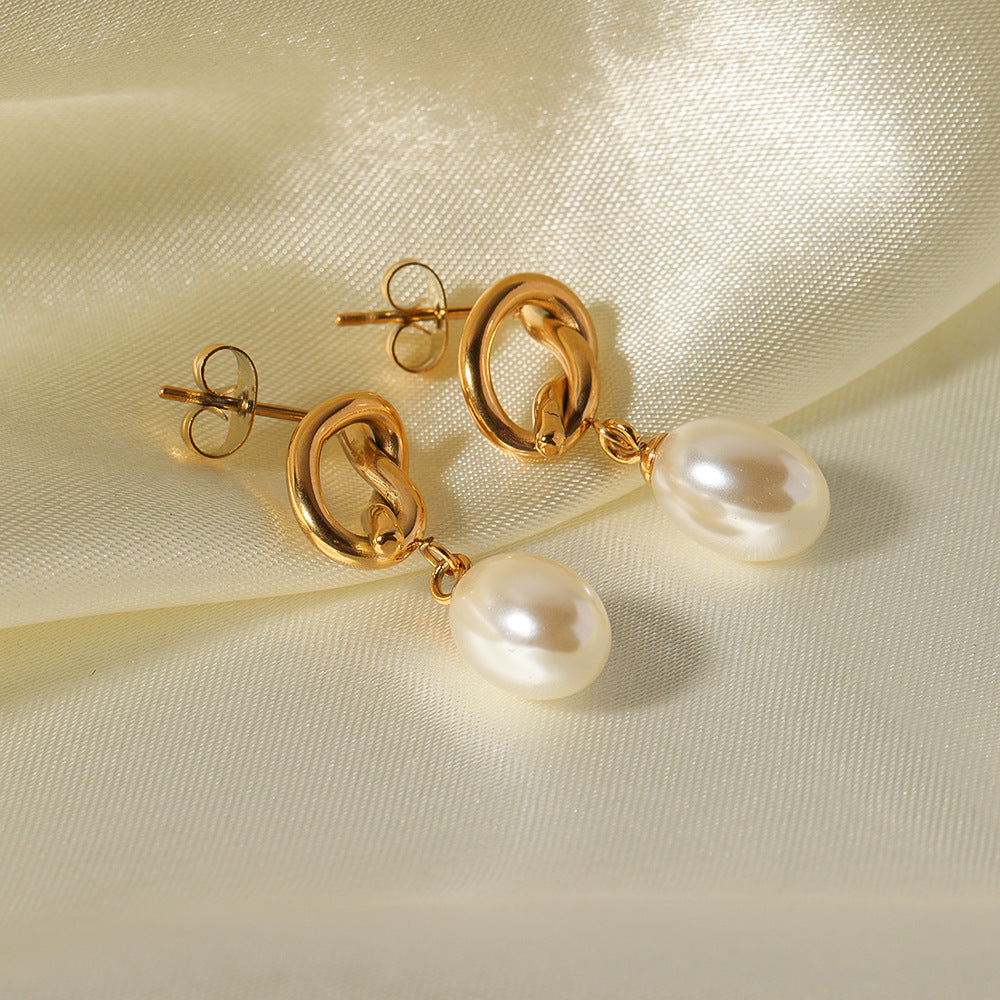 Vintage French Baroque Style Geometric Stainless Steel Earrings with Pearl Accents and Electroplated Finish for Women
