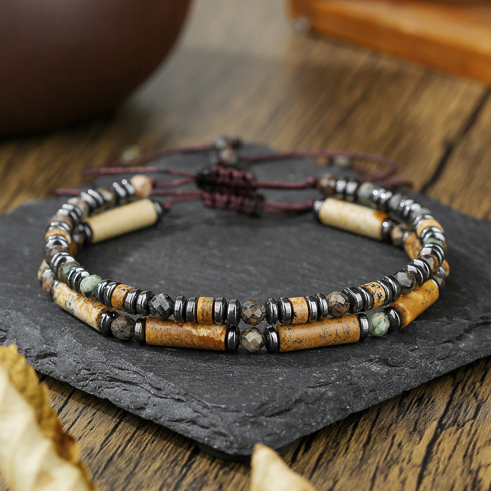 Vintage Casual Round Geometric Hand-beaded Hematite Picture Stone Bracelet for Men and Women