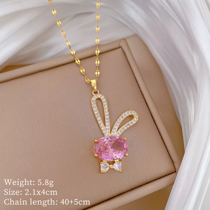 Sweet Cartoon Rabbit Full Rhinestone Pendant Necklace Titanium Steel Cable Chain for Women and Men