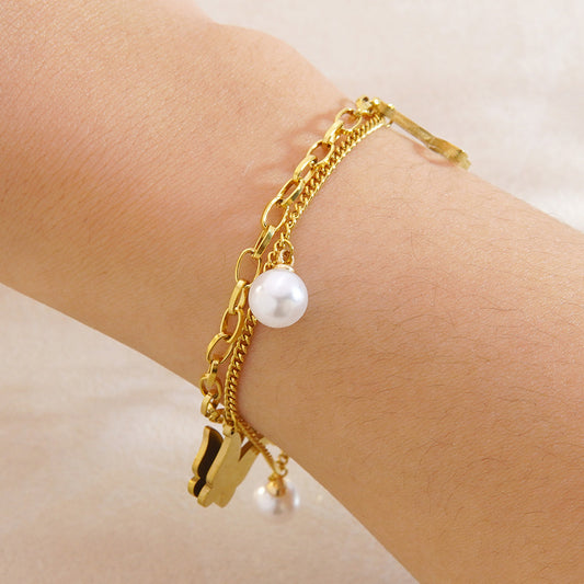 Pulsera Minimalista de Acero Inoxidable Plateado con Perla, Diseño de Mariposa Geométrica y Doble Capa para Mujer