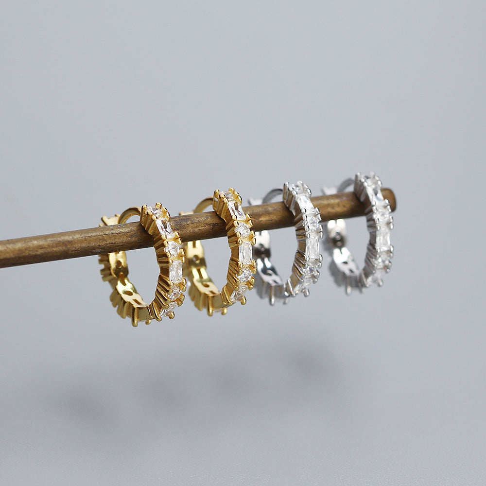 Minimalist Geometric S925 Sterling Silver Hoop Earrings with Rhinestone Inlay for Women and Men