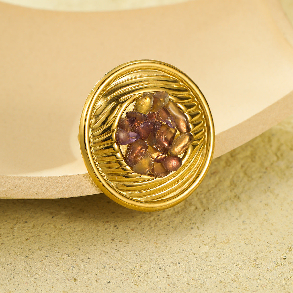 Light Luxury Geometric Textured Titanium Steel Ring with Natural Stone Inlay for Women