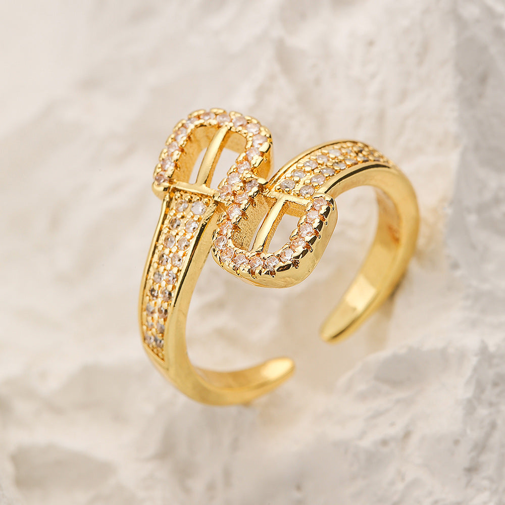 Minimalist Geometric Open Ring for Women with 18K Gold Plating and Zircon Inlay in Butterfly and Leaf Shape