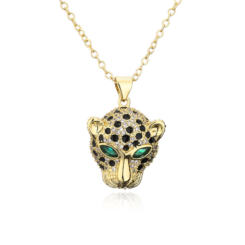 Collana Pendente Minimalista a Testa di Leopardo in Rame con Placcatura in Oro 18K e Intarsio di Zirconi