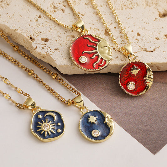Minimalist Geometric Sun Moon Star Pendant Necklace for Women with Enamel Finish and Copper Base