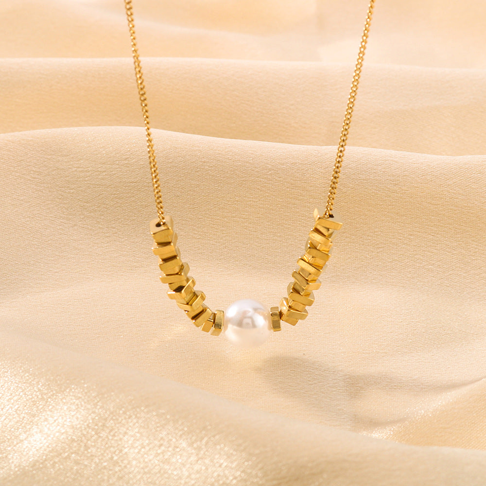 Ins Style Geometric Gold Block Pearl Pendant 18K Gold Plated Titanium Steel O-Chain Necklace for Women
