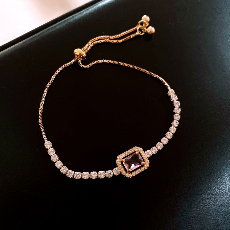 Luxury Elegant Geometric Round Cubic Zirconia Inlaid Brass Bracelet for Women