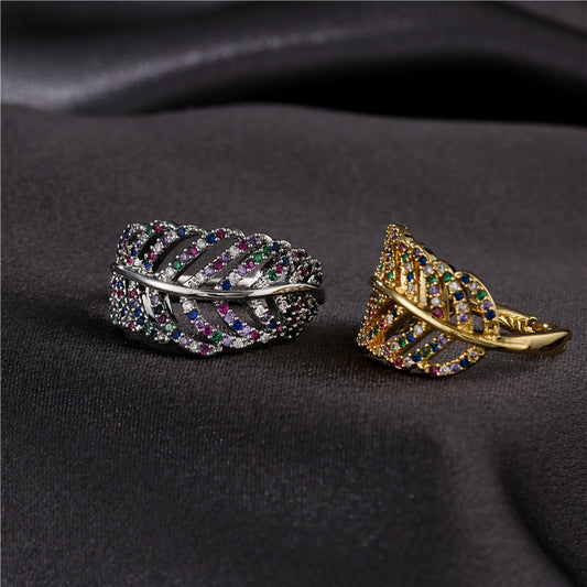 White Gold Plated Hollow Leaf Brass Ring with Micro-Inlay for Women