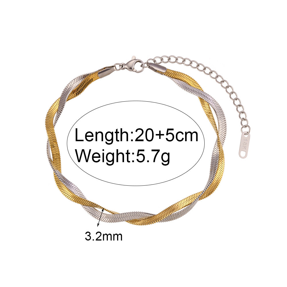 Tobillera minimalista geométrica de acero inoxidable con baño de oro de 18K y cadena de doble hoja