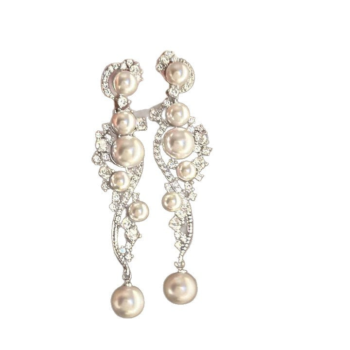 Pendientes de perlas geométricos para mujer con detalles de circonitas, postes de acero galvanizado, estilo retro lujoso y elegante para otoño e invierno