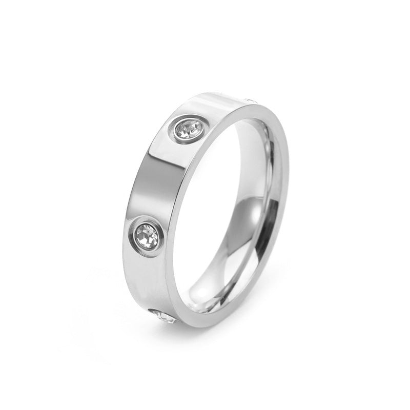 Luxury Minimalist Geometric Round Titanium Steel Plated Ring with 6 Rhinestones for Unisex