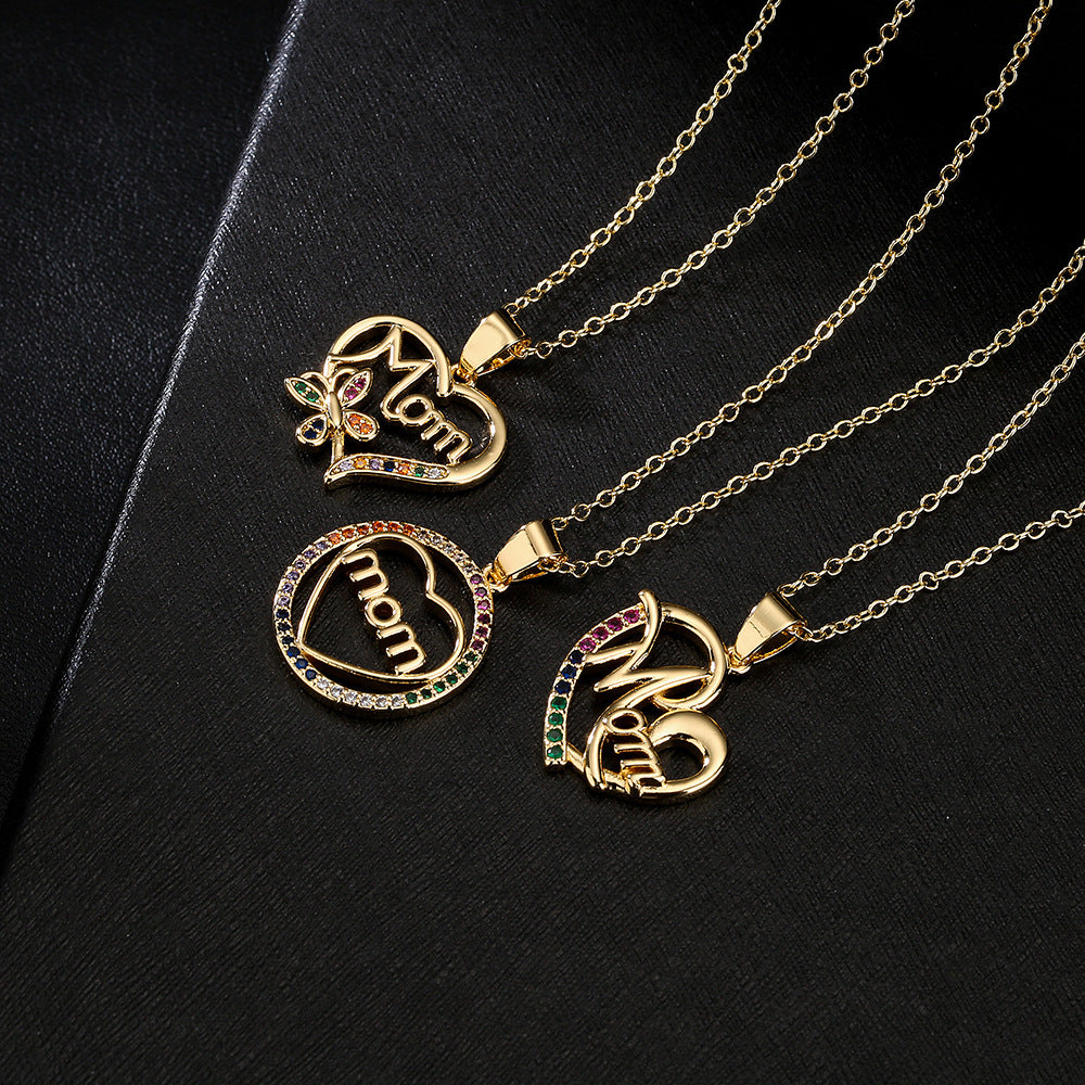 Geometric MOM Pendant Necklace in Copper with Micro-Pave Zirconia and 18K Gold Plating for Women
