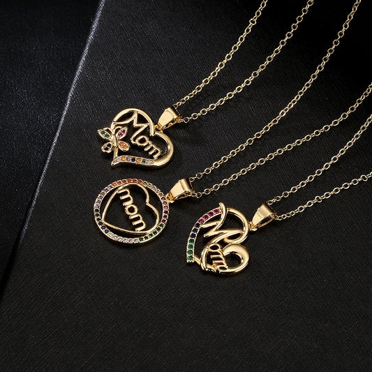 Geometric MOM Pendant Necklace in Copper with Micro-Pave Zirconia and 18K Gold Plating for Women
