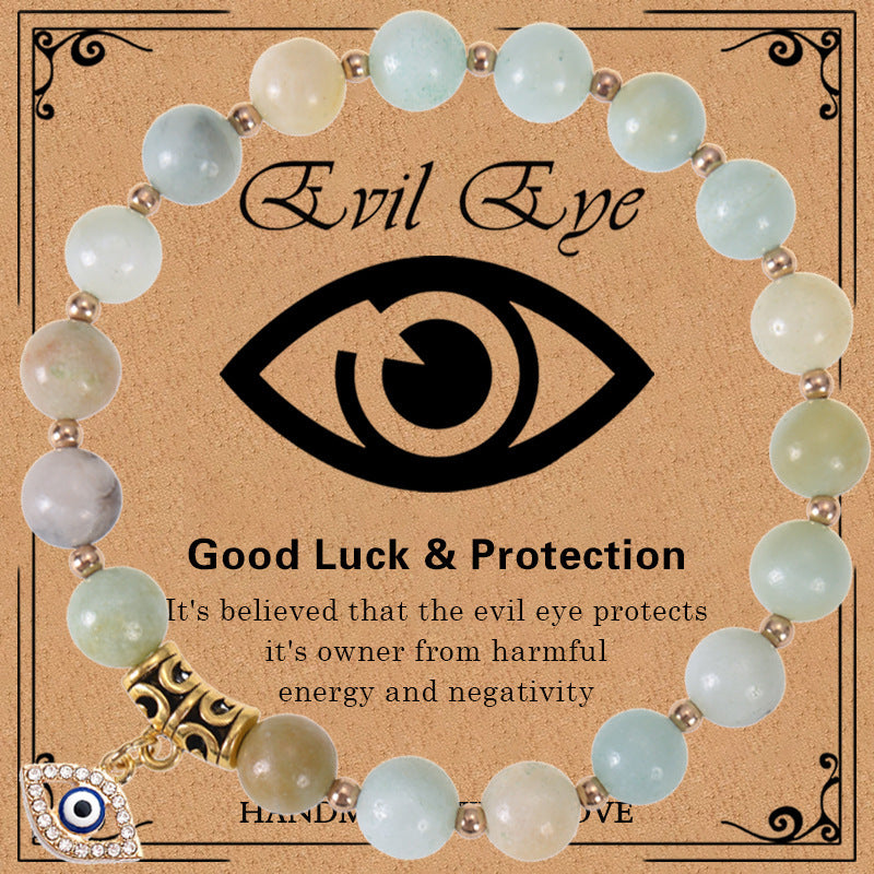Minimalist Elegant 8mm Pink Zebra Stone Evil Eye Bracelet Unisex Fashion Jewelry Gift