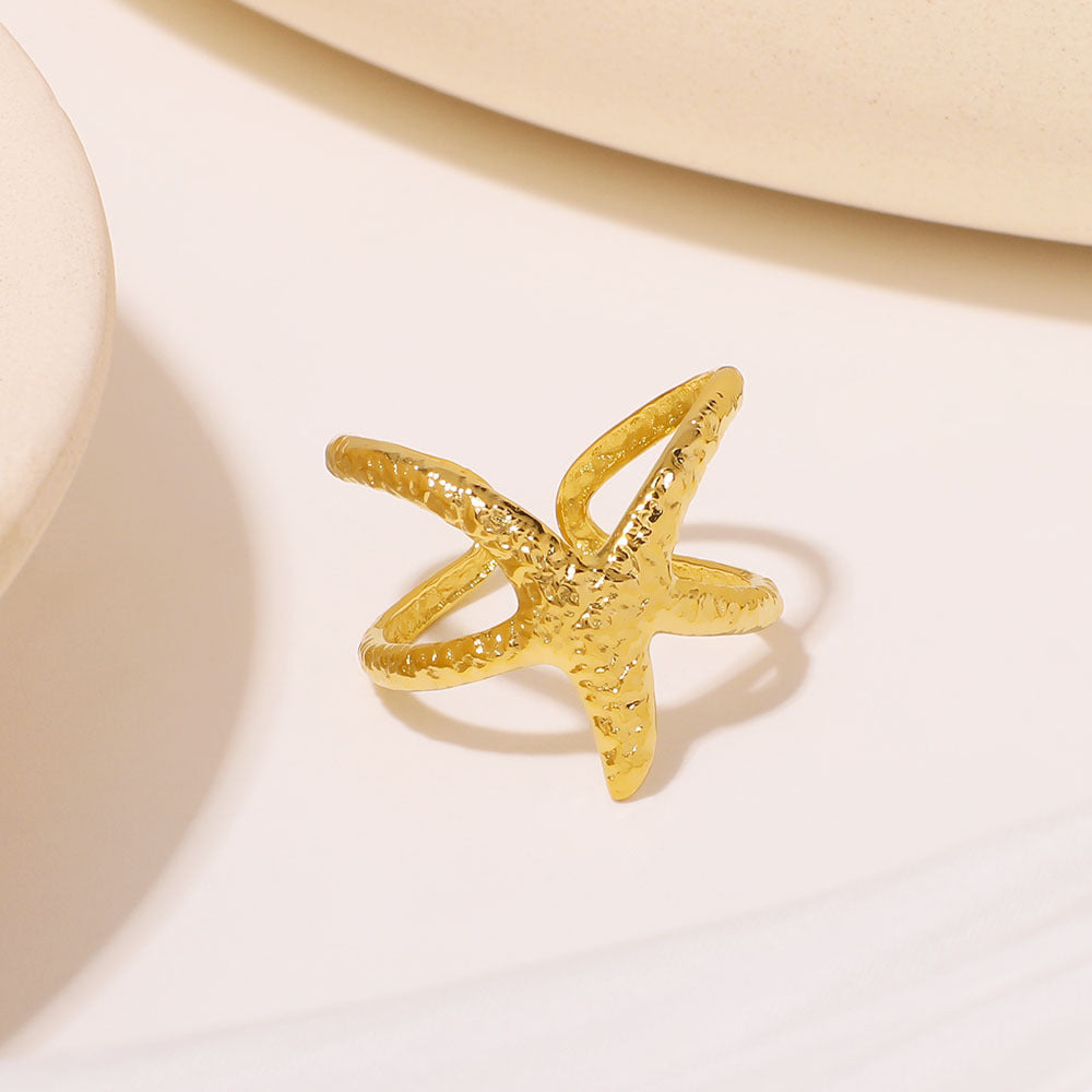 Minimalist Star-Shaped Stainless Steel Ring with Textured Ocean-Inspired Surface Design for Women and Men