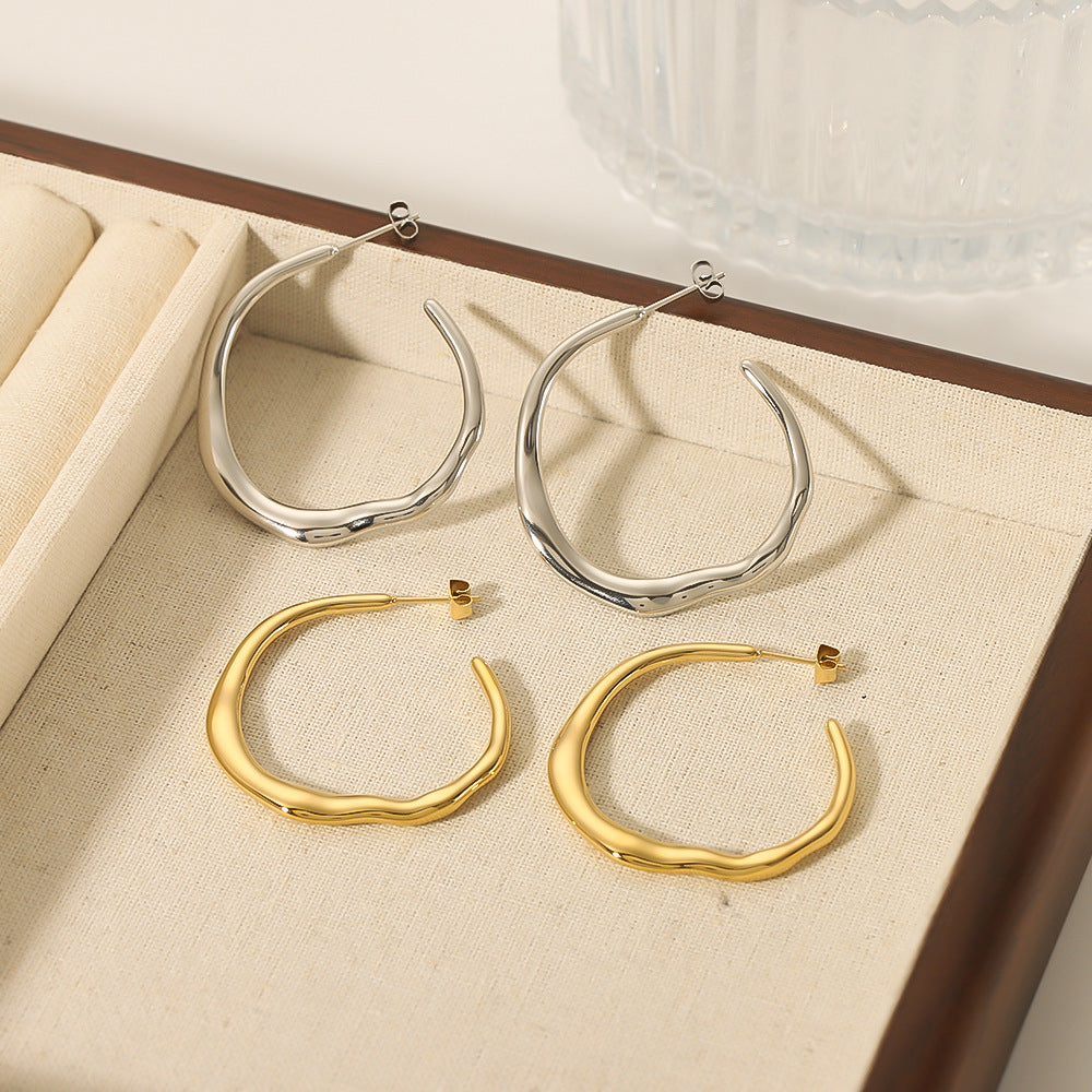 Irregular C-Shaped Stainless Steel Earrings with 18K Gold Plating, Minimalist Fashion Ear Cuffs for Women