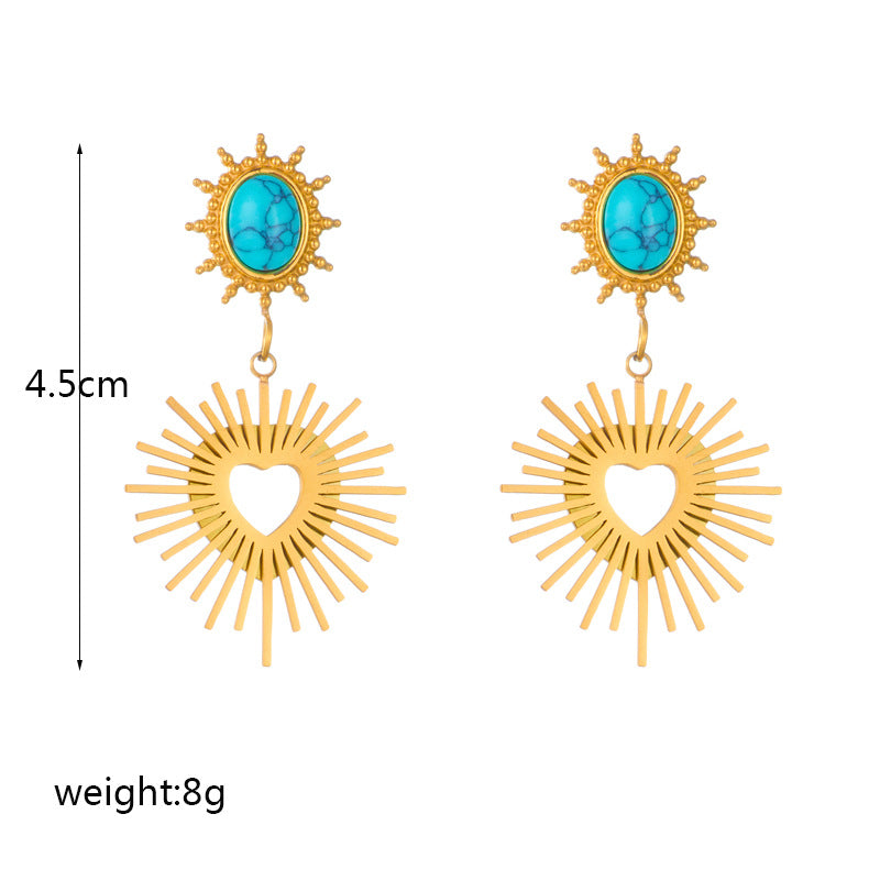 Orecchini vintage a forma di sole e cuore geometrici irregolari color turchese in acciaio al titanio con finitura galvanica