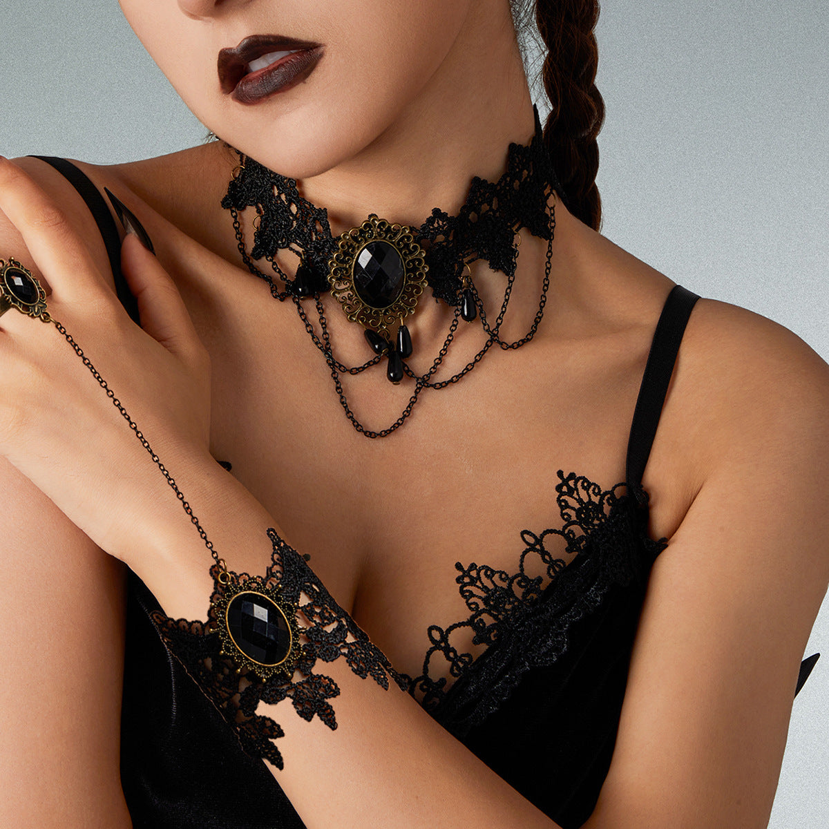 Gothic Dark Floral Crystal Pendant Necklace with Lace Chain for Women